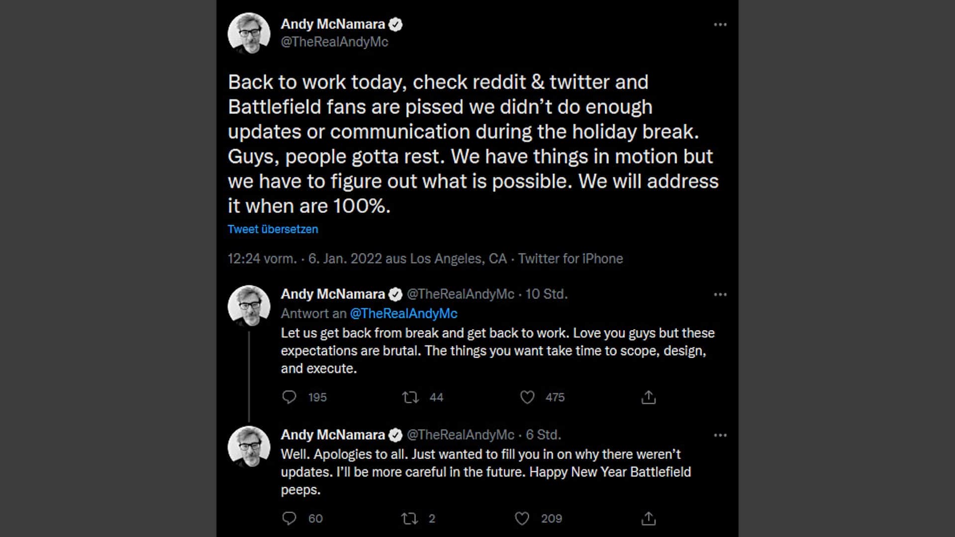 Энди Макнамара заставил фанатов Battlefield говорить об этом (теперь удаленном) твите.