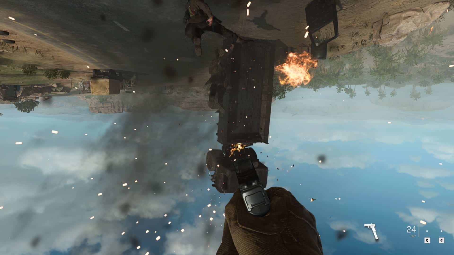 (Sometimes even in Call of Duty a change of perspective does you good! Here we''re hanging upside down from the helicopter.)