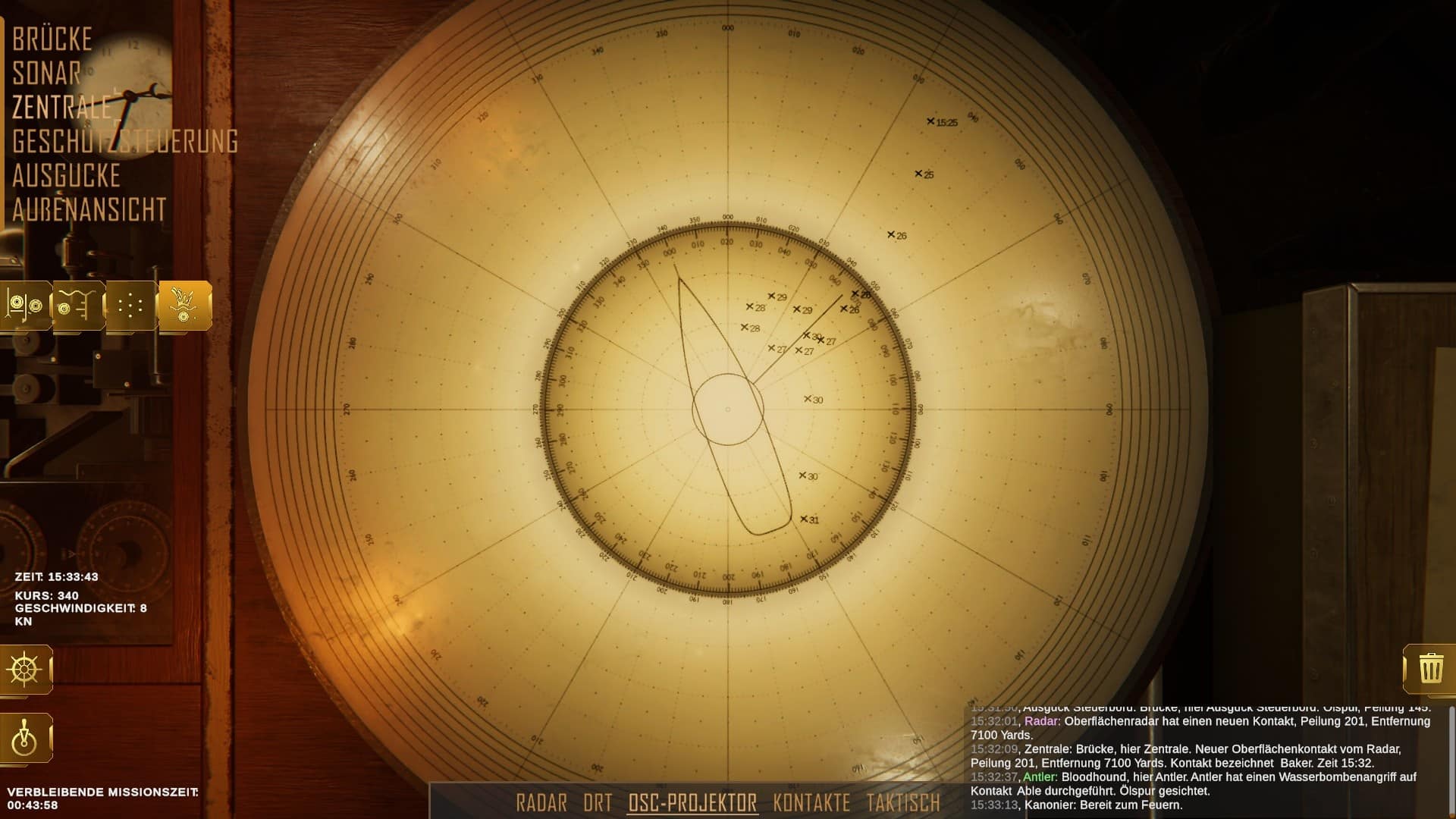 (With the OSC we can track contacts very precisely; the rotating disc in the middle is our ship.)